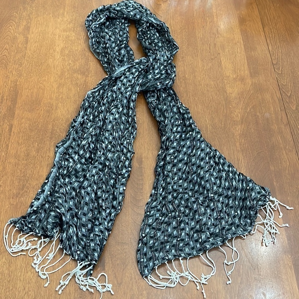 Black White Sequin Fringe Rectangle Scarf Wrap